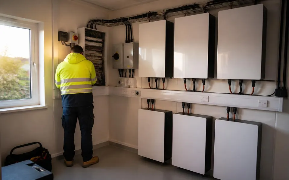 Illustrative battery and inverter installation inside a plant room