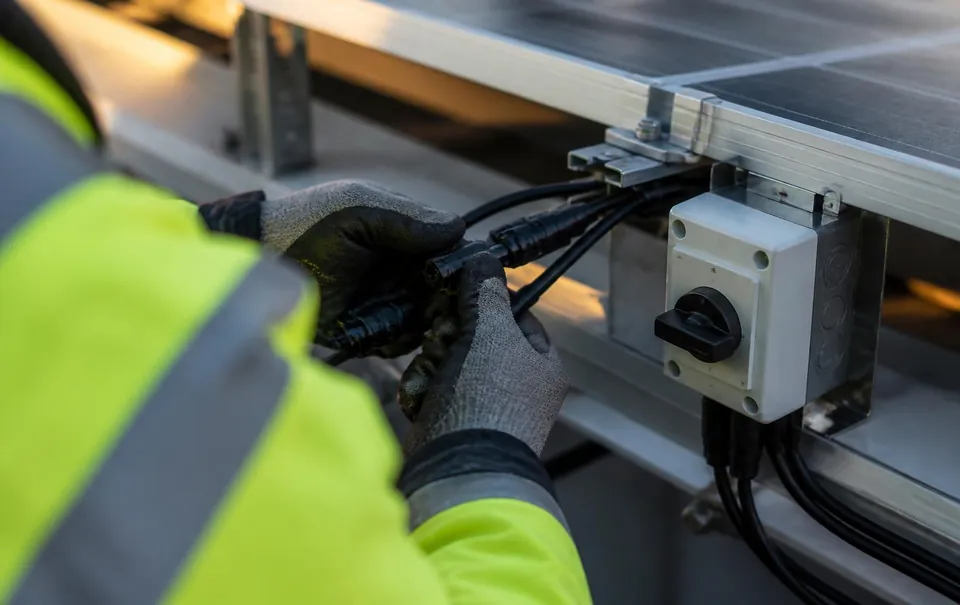 Illustrative close-up of solar panel wiring and electrical equipment